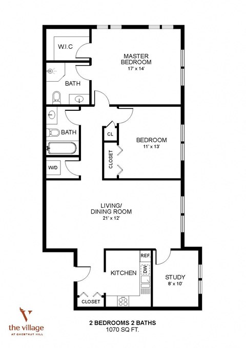 Floor plan for 2 beds, 2 baths, 1070 sqft